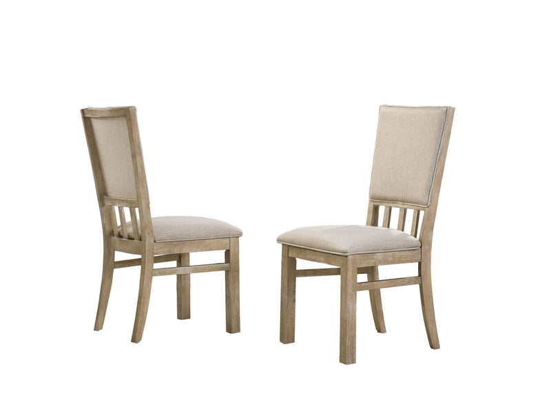 Set of two Lilola Home Brutus wide dining chairs with reclaimed wheat wood finish, featuring sturdy wooden frames and comfortable seats.