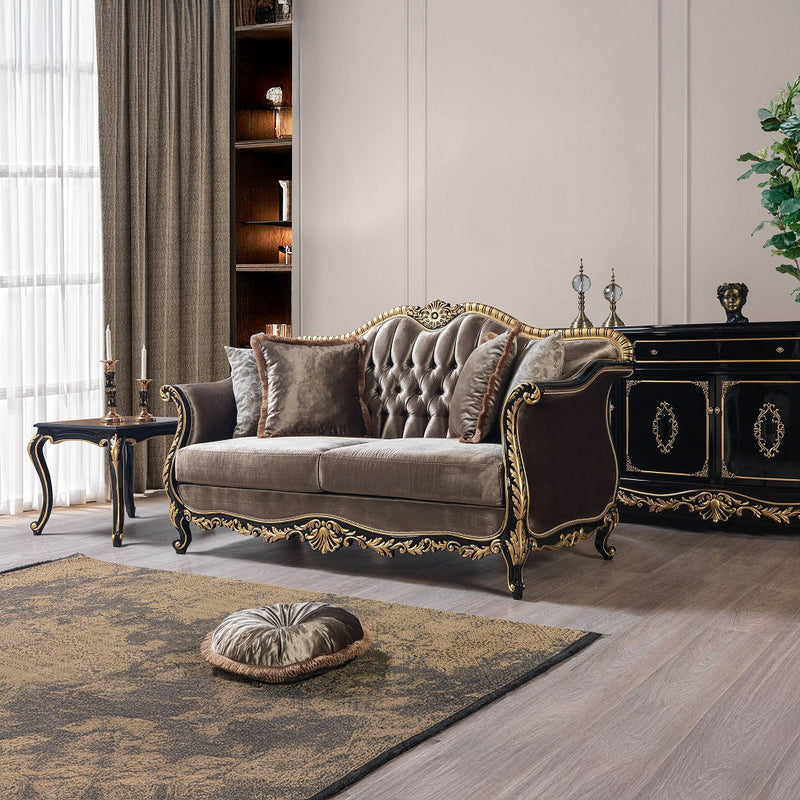 Betria - Loveseat With 4 Pillows - Light Green Velvet, Gold & Black High Gloss - R&R Furniture Gallery (Fountain Valley, CA)