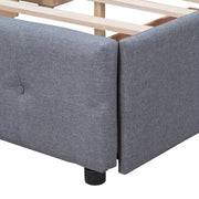 DreamHaus upholstered platform bed with classic headboard and built-in storage drawers, no box spring needed, in a modern bedroom setting.