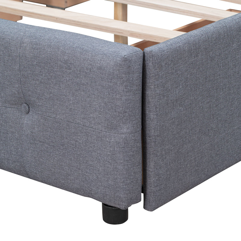 DreamHaus upholstered platform bed with classic headboard and built-in storage drawers, no box spring needed, in a modern bedroom setting.