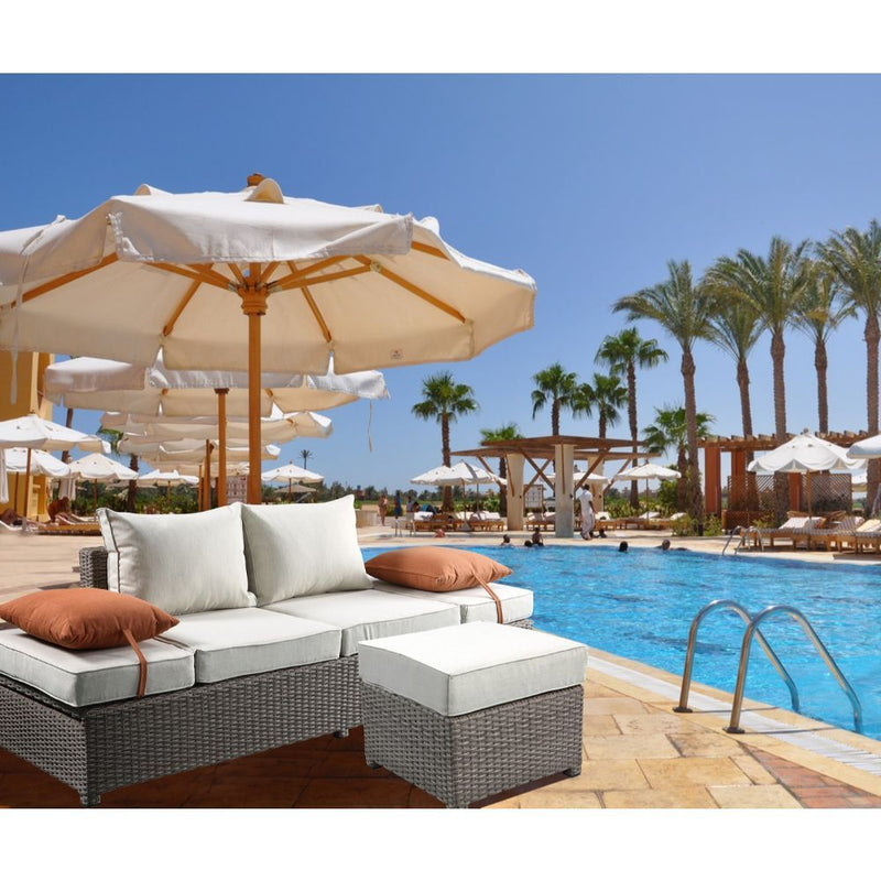 Salena - Patio Sofa With 2 Pillows & Ottoman - Beige Fabric & Gray Wicker - R&R Furniture Gallery (Fountain Valley, CA)