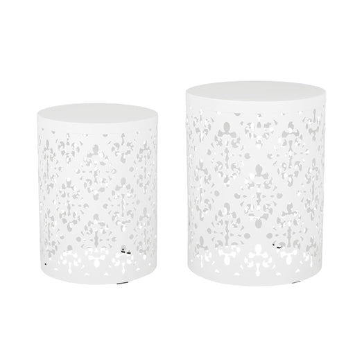 Modern outdoor metal end table with a sleek design, perfect for patio or garden use, by Noble House.