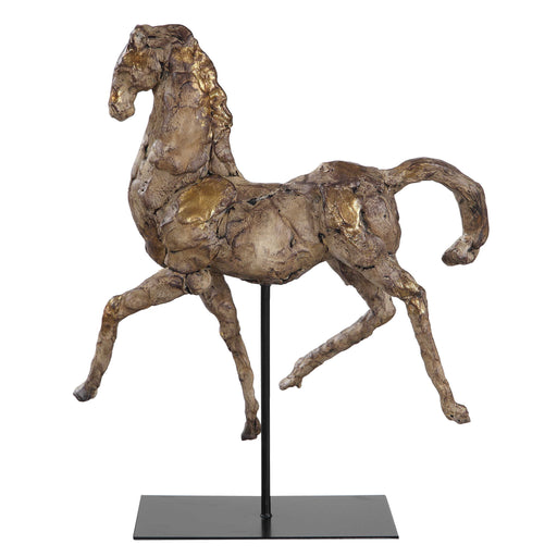 Gold Caballo horse sculpture by Uttermost, decorative figurine with a sleek, shiny gold finish, perfect for home decor.