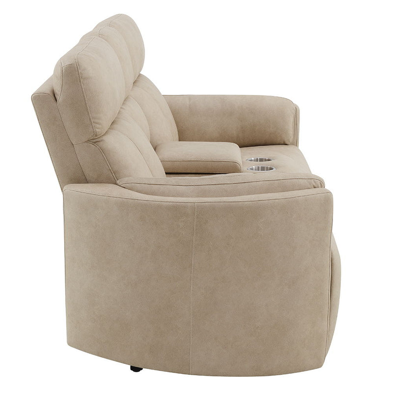 Elison - Motion Loveseat With Console - Dark Beige Polish Microfiber - R&R Furniture Gallery (Fountain Valley, CA)