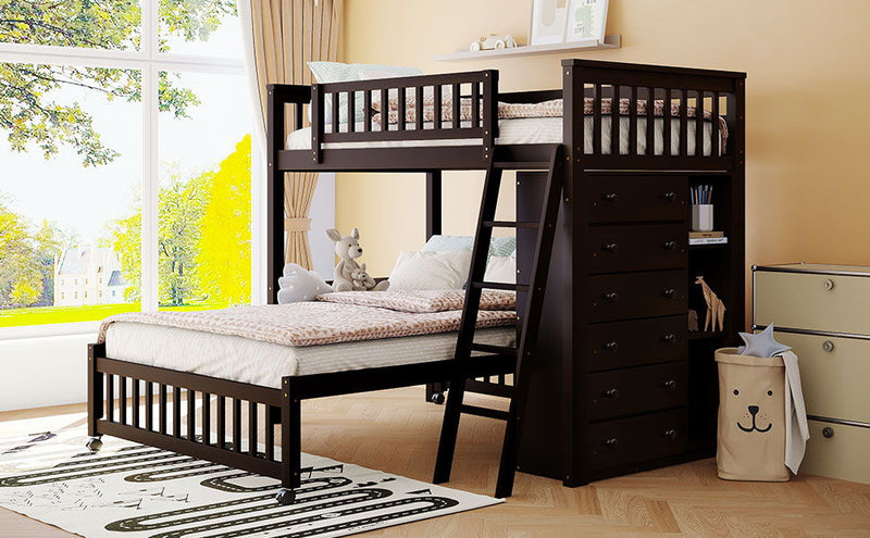 DreamHaus bunk bed with six drawers, flexible shelves, and a bottom bed on wheels, showing the sturdy frame and storage features.