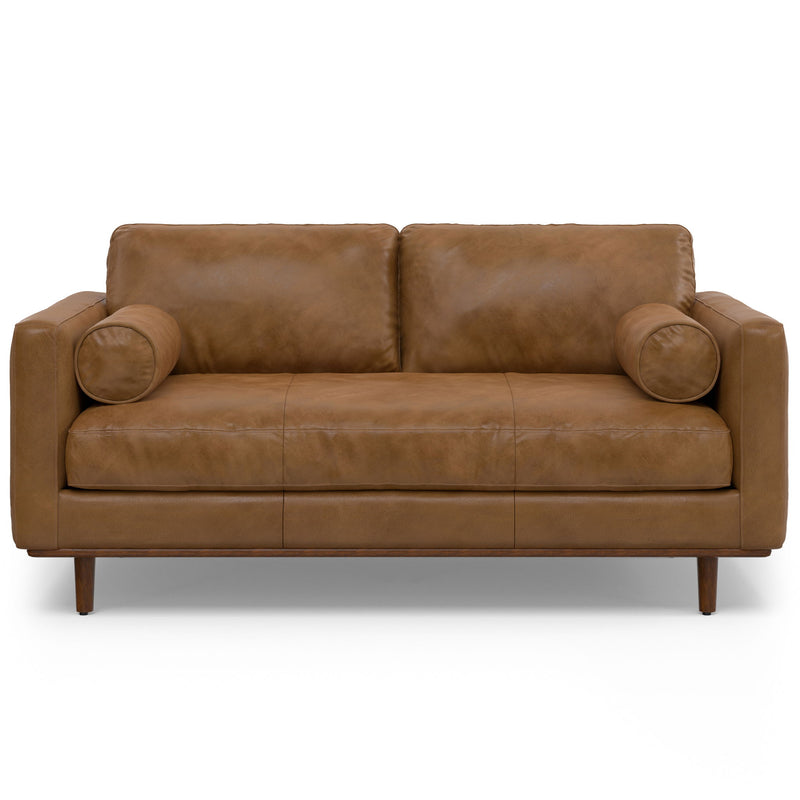 Simpli-Home Morrison upholstered stationary sofa with plush fabric and cushioned armrests, ideal for modern living rooms.