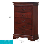 Louis Phillipe accent chest by Glory Furniture with a wooden finish and decorative detailing, featuring multiple drawers and a polished surface.