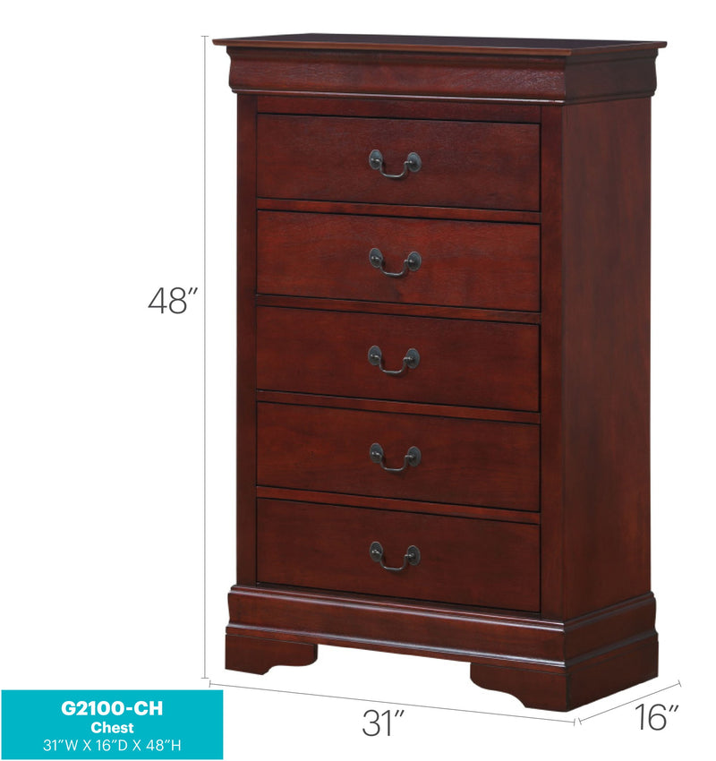 Louis Phillipe accent chest by Glory Furniture with a wooden finish and decorative detailing, featuring multiple drawers and a polished surface.