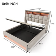 Artistry At Home upholstered platform bed with hydraulic storage, LED lighting, and USB charging ports, without mattress.