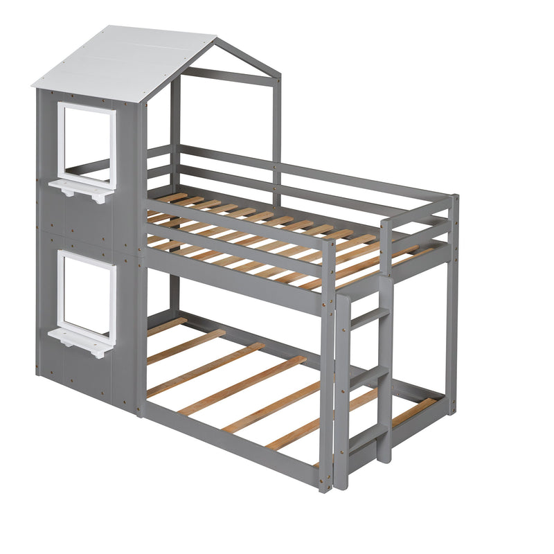 DreamHaus wooden bunk bed with roof, window, guardrail, and ladder, designed for kids' bedroom with cozy, functional features.