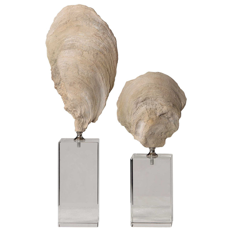 Beige oyster shell sculptures by Uttermost, set of 2, decorative figurines with textured, realistic shell details for home decor.