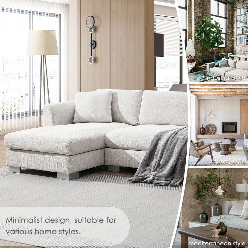 Luxe & Co. Modern L-shaped cloud sectional sofa with oversized chaise, includes two free pillows, seating four comfortably.