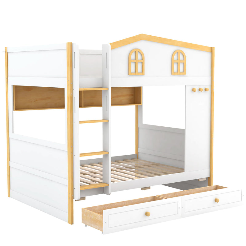 Bunk Bed With House Shaped Guardrails, Storage Shelves, And Trundle
