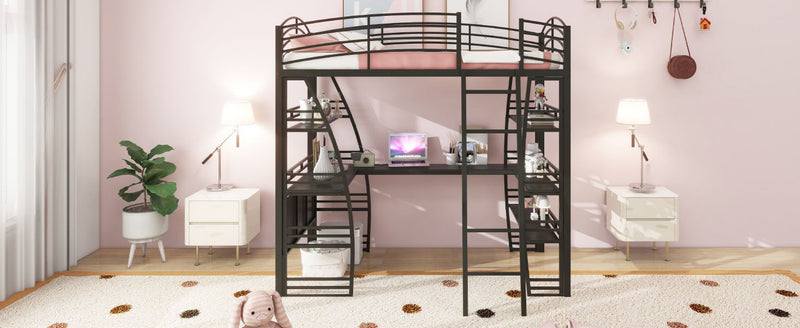 Loft Bed With 4 Layers Of Shelves And L-Shaped Desk, Stylish Metal Frame Bed With A Set Of Sockets, USB Ports And And Wireless Charging - R&R Furniture Gallery (Fountain Valley, CA)