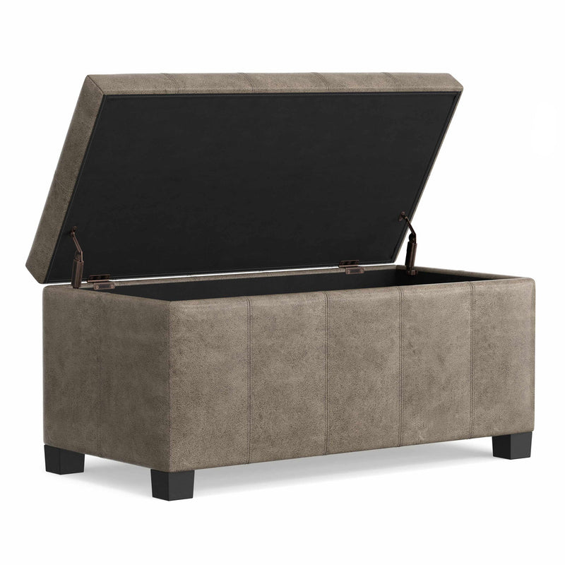Brown Smoky leather storage ottoman by Simpli-Home with lift-up top, offering versatile storage and stylish seating.