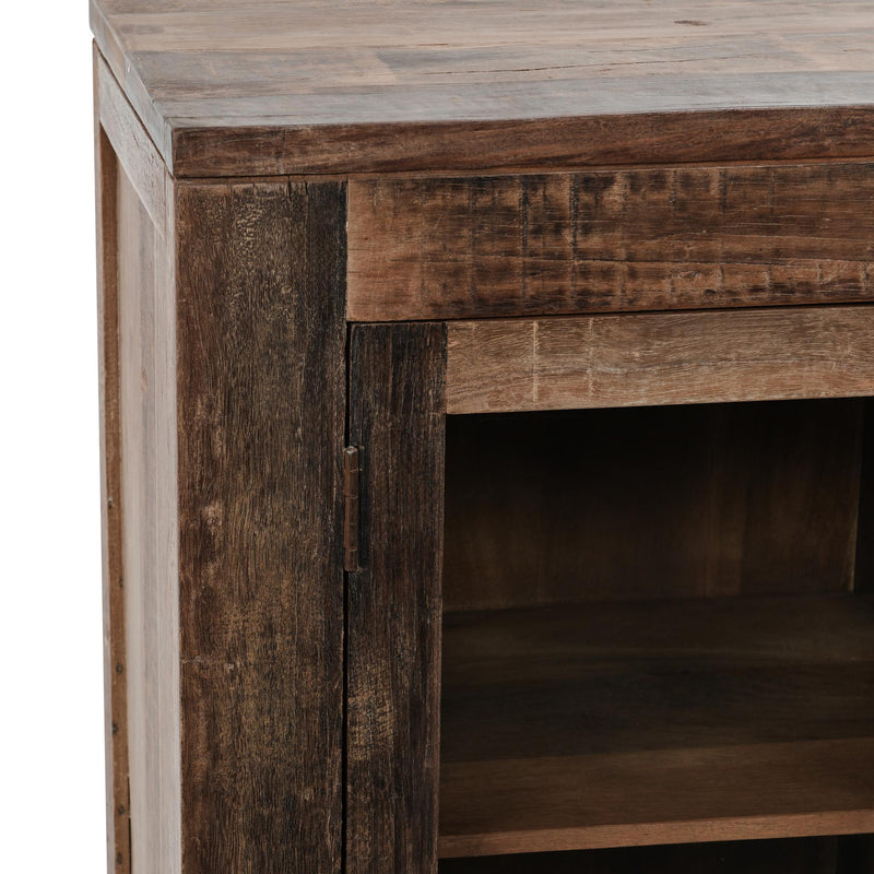 Natural wood Jett 4-door cabinet by Classic Home, showcasing a spacious buffet with a sleek, modern design and warm finish.