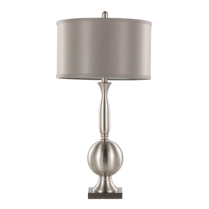 Pair of Lumi Source Joan contemporary table lamps in nickel and gray satin finish, featuring modern design and sleek cylindrical shades.