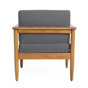 Dark gray outdoor club arm chair with a teak acacia wood frame, ideal for patio and garden seating by Noble House.
