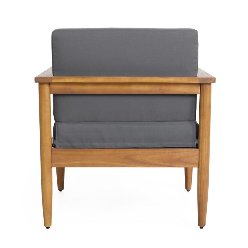 Dark gray outdoor club arm chair with a teak acacia wood frame, ideal for patio and garden seating by Noble House.