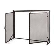 Noble House Samantha iron fireplace screen with a two-door design, decorative metal frame, and mesh panels for safety and style.