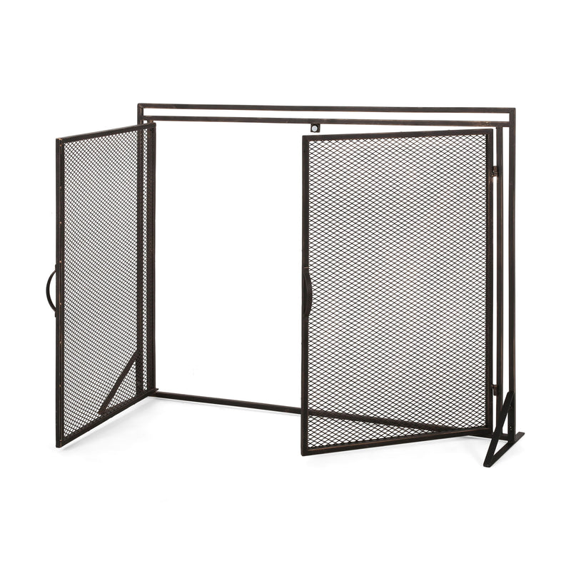 Noble House Samantha iron fireplace screen with a two-door design, decorative metal frame, and mesh panels for safety and style.