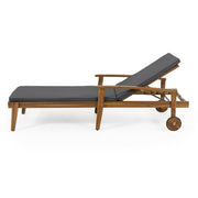 Noble House Jason outdoor chaise lounge with adjustable backrest, made of acacia wood, perfect for garden or patio relaxation.