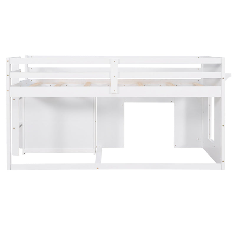 DreamHaus loft bed with built-in cabinet and shelf, featuring a sturdy wooden frame and space-saving design for bedrooms.