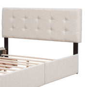 DreamHaus upholstered platform bed with classic headboard and built-in storage drawers, no box spring needed, in a modern bedroom setting.
