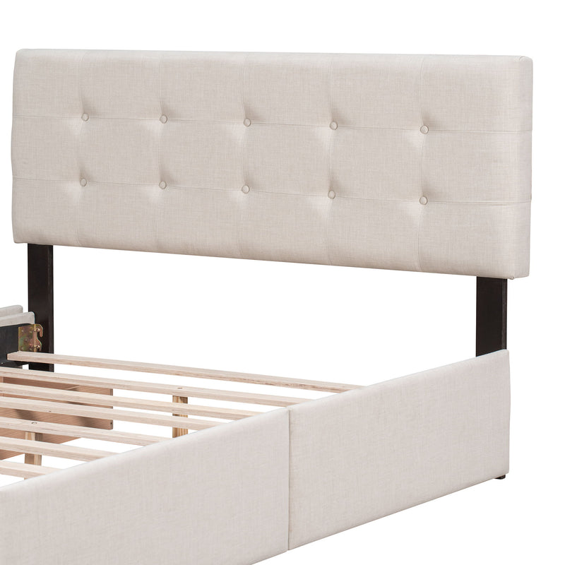 DreamHaus upholstered platform bed with classic headboard and built-in storage drawers, no box spring needed, in a modern bedroom setting.