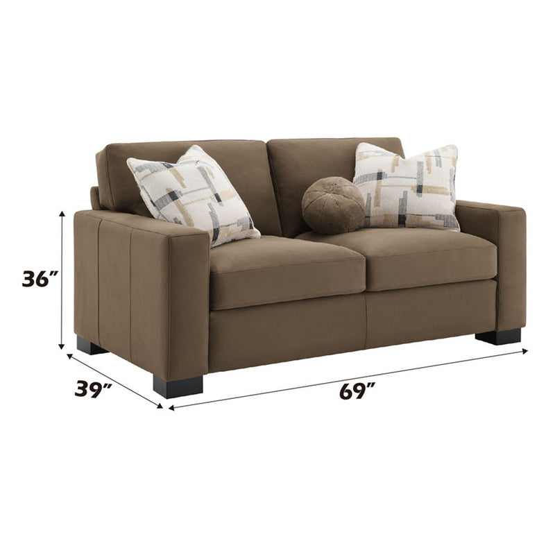 Brown suede ACME Darya loveseat with three pillows, stationary design, featuring plush seating and a stylish, modern look.