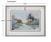 Framed watercolor print titled "Morning Lake" by Uttermost, featuring a serene blue lakeside scene in a sleek frame.