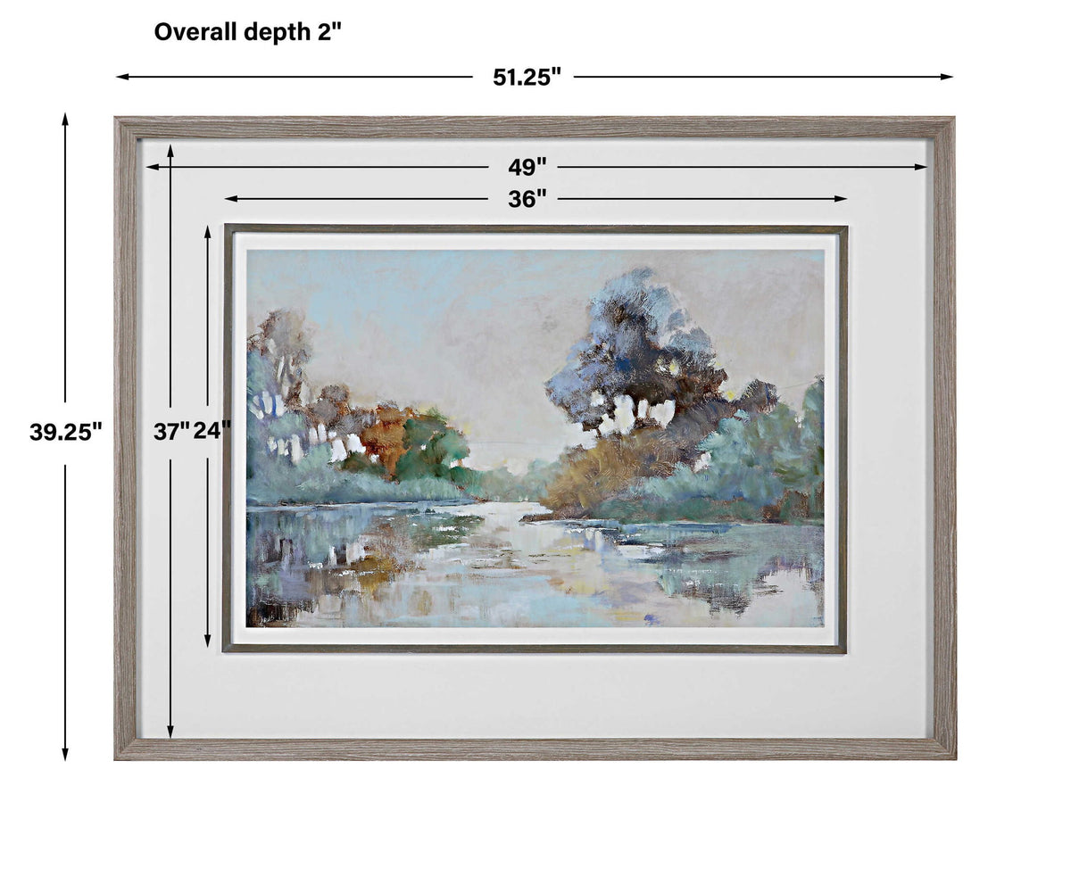 Framed watercolor print titled "Morning Lake" by Uttermost, featuring a serene blue lakeside scene in a sleek frame.