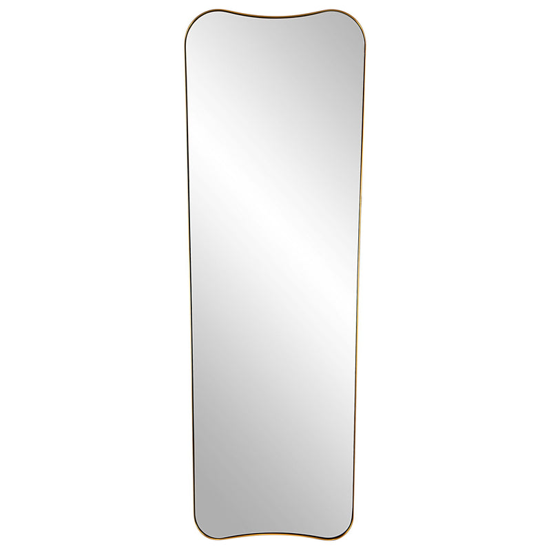 Large Uttermost wall mirror with antique brass frame, showcasing a stylish, reflective surface and elegant design.