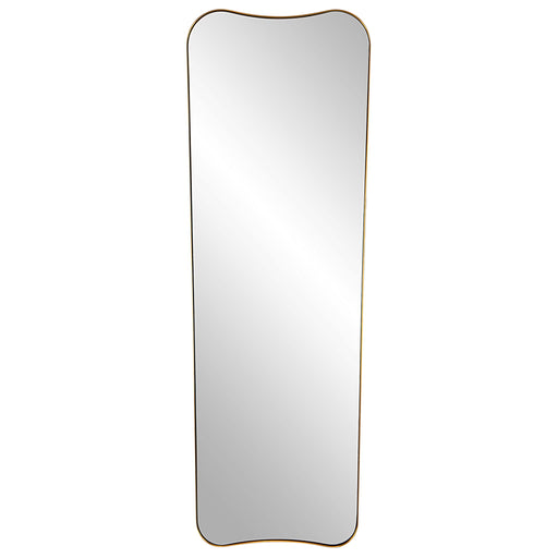 Large Uttermost wall mirror with antique brass frame, showcasing a stylish, reflective surface and elegant design.