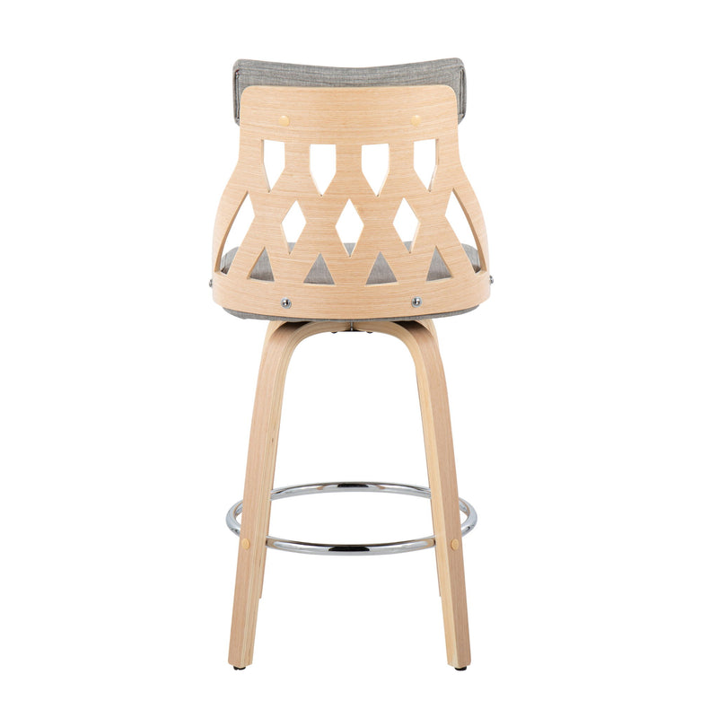 Lumi Source York mid-century modern counter stool with natural wood finish and light gray upholstered seat, 24-27 inches tall.