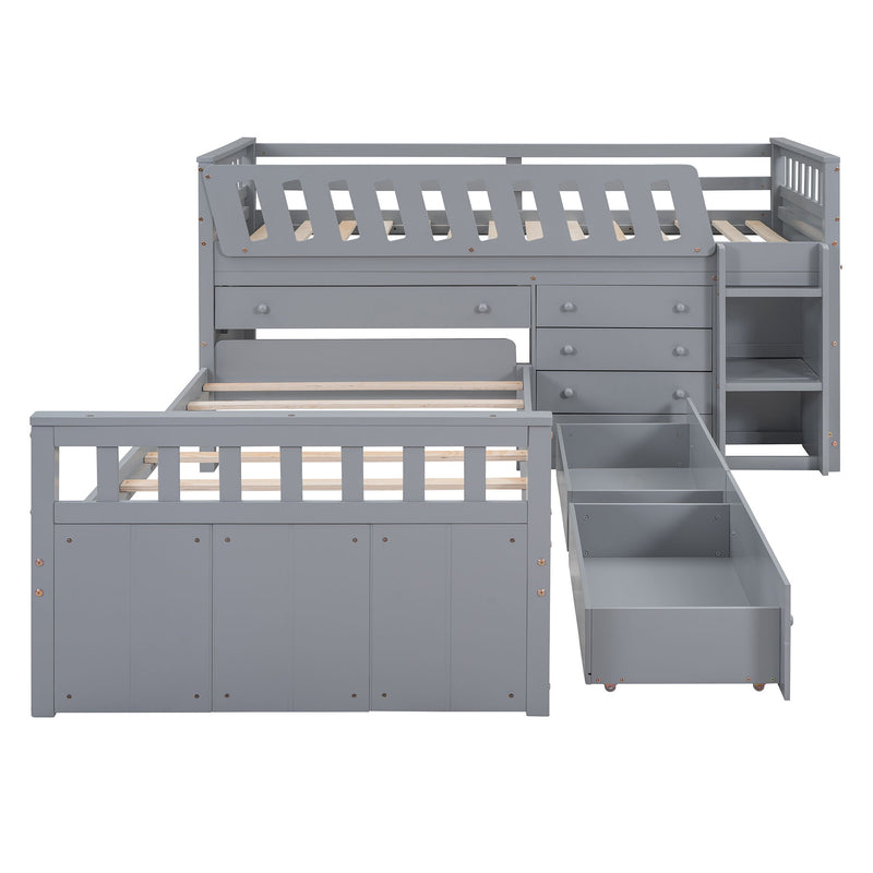 DreamHaus modern loft platform bed with 7 drawers, full guardrails, L-shaped design, space-saving for bedroom organization