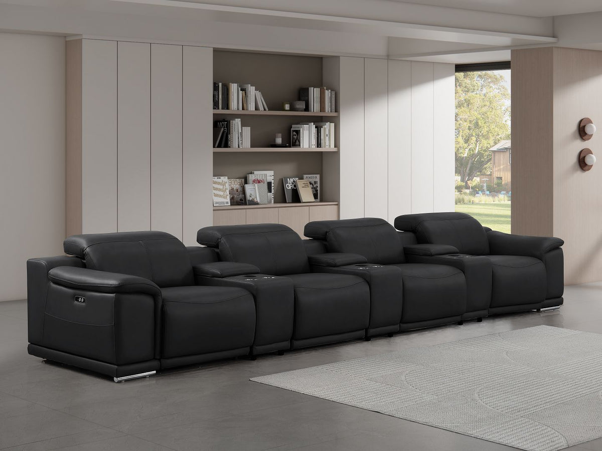 2679 - Genuine Leather Sofa With 4 Power Recliners, Power Headrests & 3 Storage Consoles - R&R Furniture Gallery (Fountain Valley, CA)