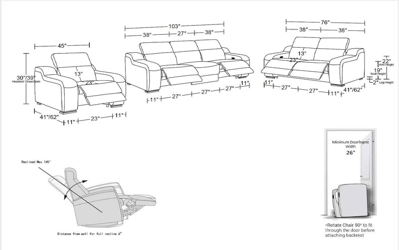 1116 - 6-Piece Modular Power Reclining Sofa, Loveseat & Chair Set In With 5 Power Recliners & Power Headrests