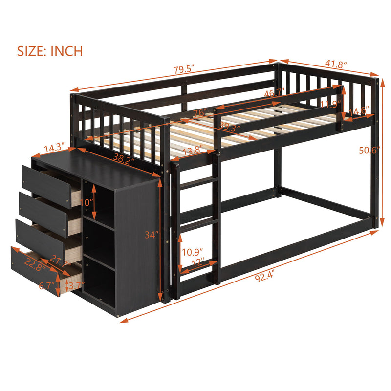 DreamHaus bunk bed with built-in four drawers and three shelves, showcasing a sturdy wooden design with safety railings.