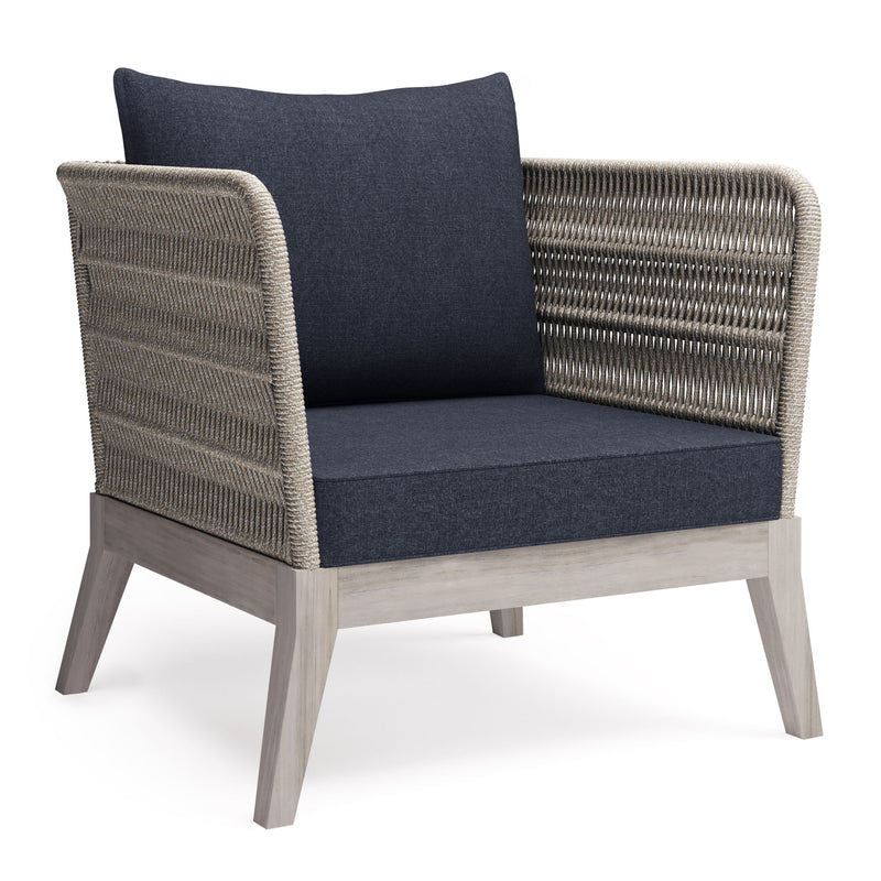 Slate gray Santiago outdoor conversation arm chair by Simpli-Home with cushioned seating and armrests, designed for outdoor lounging.