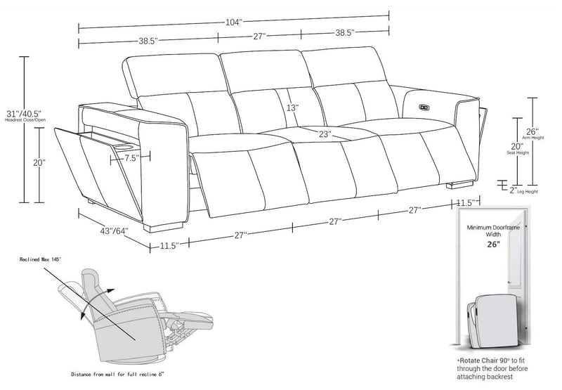 1224 - 3-Piece Modular Power Reclining Sofa In With 3 Power Recliners & Power Headrests