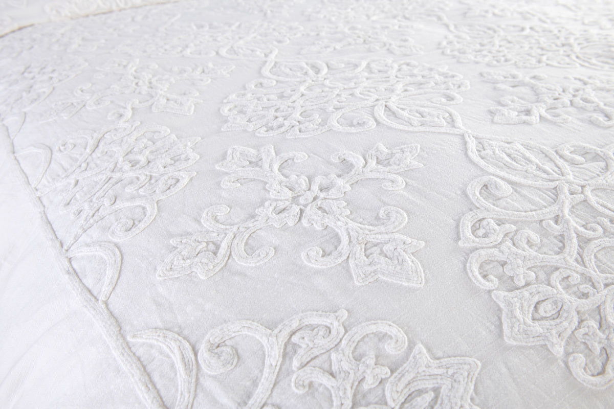 Villa Reagan king duvet cover and shams in ivory and white bedding ensemble