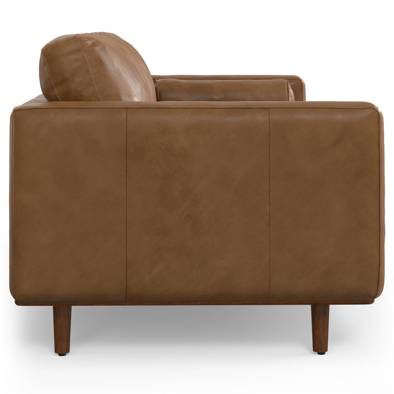 Simpli-Home Morrison upholstered stationary sofa with plush fabric, wide armrests, and modern design in a neutral color.