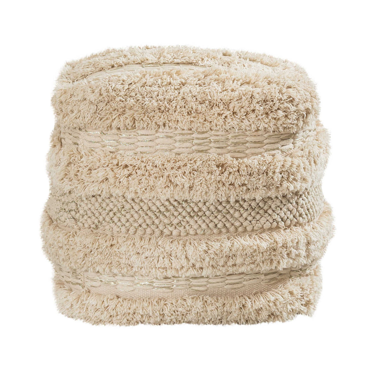 Beige cotton Yorba accent pouf by TOV Furniture, soft textured fabric, round shape, suitable for living room or bedroom decor.