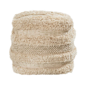 Beige cotton Yorba accent pouf by TOV Furniture, soft textured fabric, round shape, suitable for living room or bedroom decor.