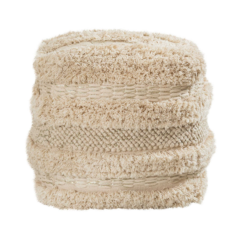 Beige cotton Yorba accent pouf by TOV Furniture, soft textured fabric, round shape, suitable for living room or bedroom decor.