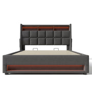 Artistry At Home upholstered platform bed with hydraulic storage, LED lighting, and USB ports, shown without mattress.