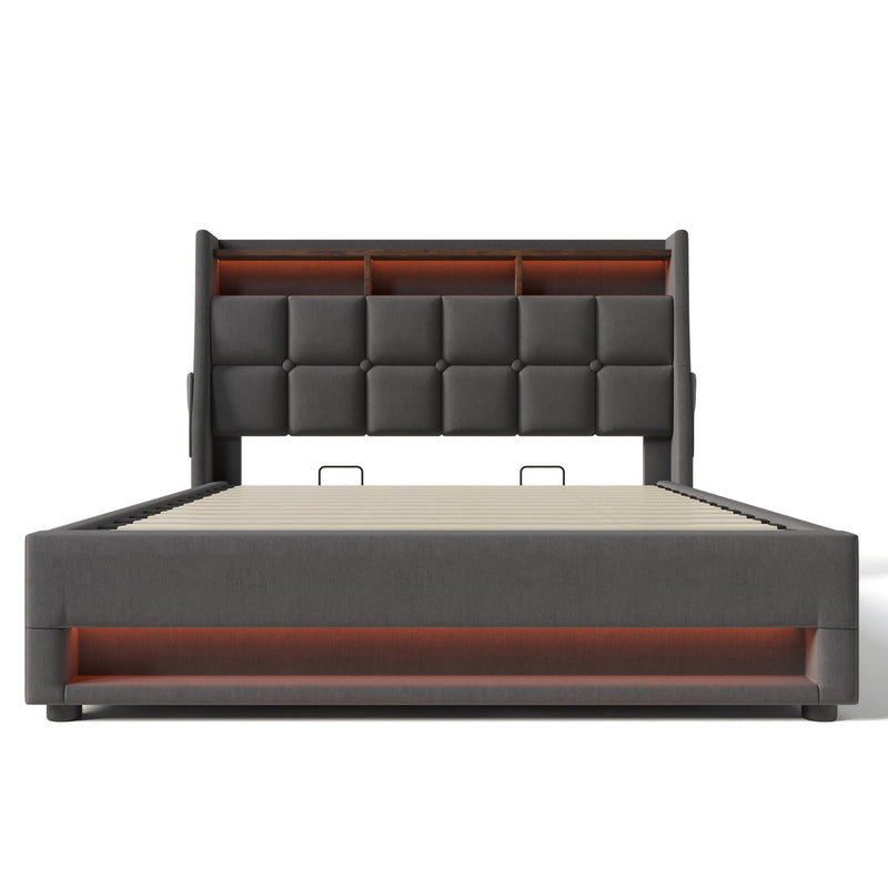 Artistry At Home upholstered platform bed with hydraulic storage, LED lighting, and USB ports, shown without mattress.