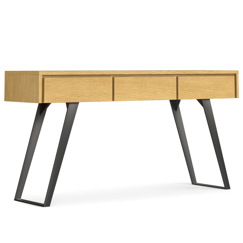 Simpli-Home Lowry oak console sofa table with sleek design and sturdy wood construction, ideal for entryways and living rooms.