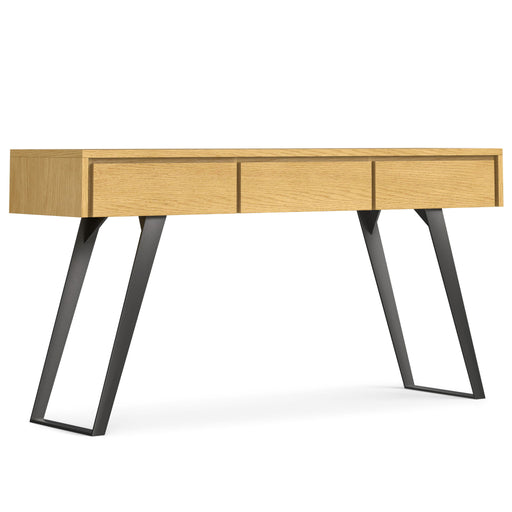 Simpli-Home Lowry oak console sofa table with sleek design and sturdy wood construction, ideal for entryways and living rooms.